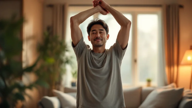 リビングで両腕を上げて軽くストレッチする40代の日本人男性