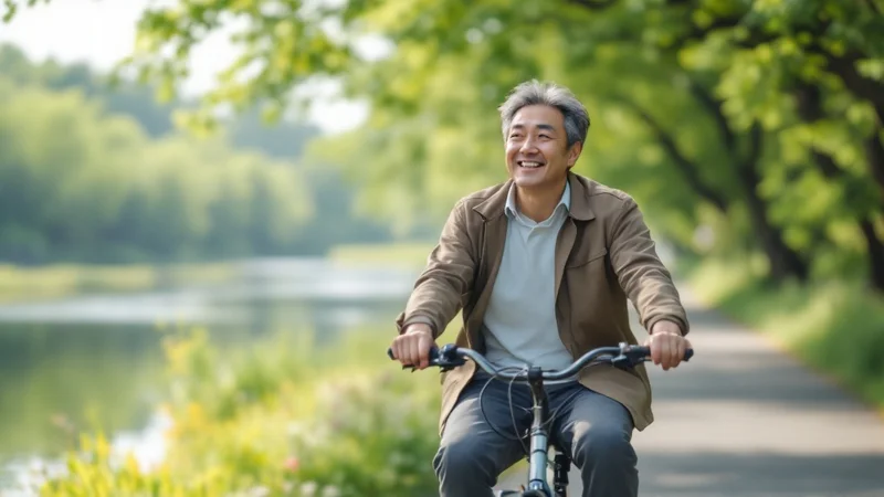 週末に川沿いをゆったりサイクリングする40代の日本人男性