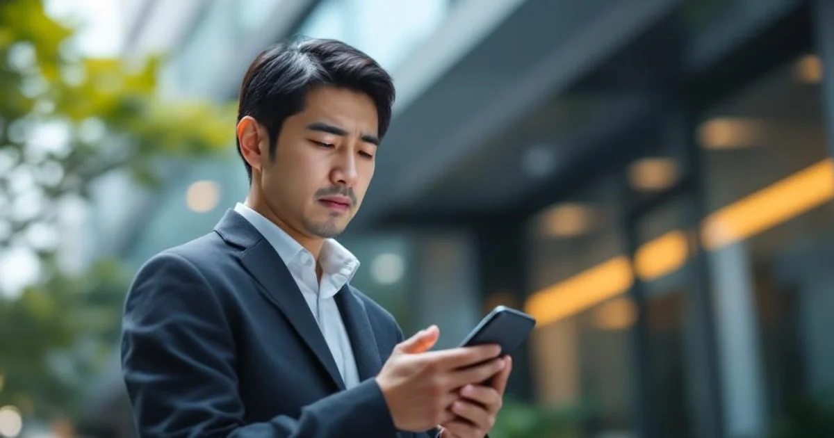 40代男性がオフィスビルの外でスマートフォンを見ながら疲れた表情で立っている様子