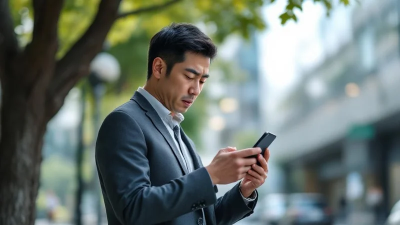 40代の日本人男性がオフィスビルの外で木陰に立ち、スマートフォンを見ながら疲れた表情をしているフォトリアリスティックな写真