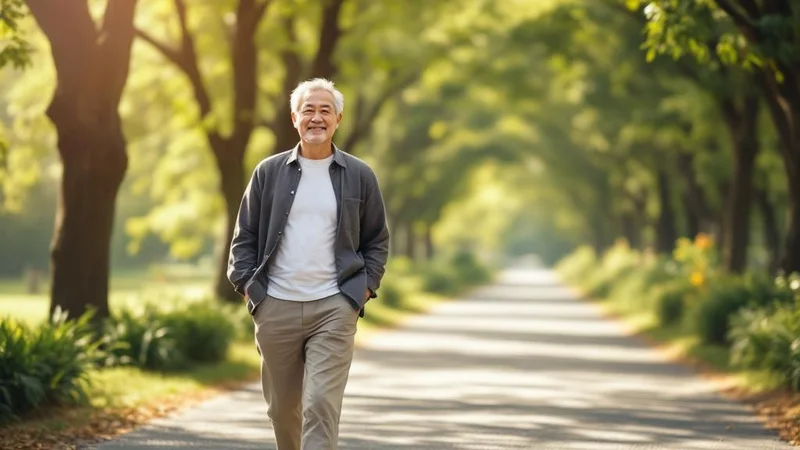 40代の日本人男性が緑豊かな公園の木漏れ日の中で穏やかな表情でリハビリウォーキングをしているフォトリアリスティックな写真