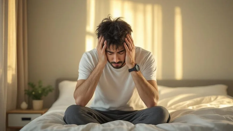 朝の寝室で布団に座ったまま頭を抱える40代の日本人男性