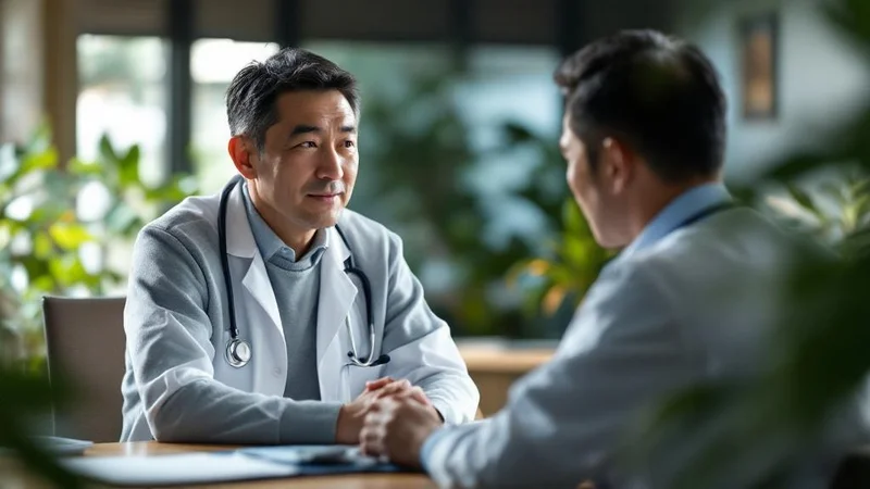 心療内科の診察室で医師と落ち着いて話す40代の日本人男性