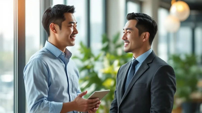 オフィスで穏やかな表情で同僚と会話する復職後の40代の日本人男性