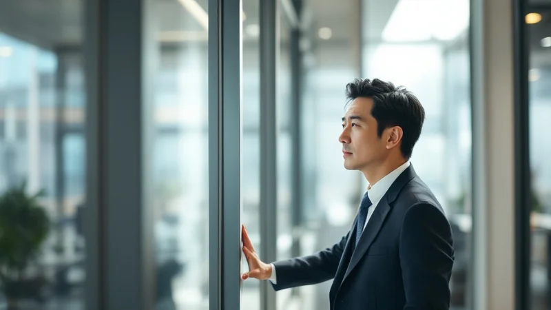 オフィスの窓際に立ち、外を見ながら考え込む40代の日本人男性管理職。部下への対応を一人で悩んでいる様子