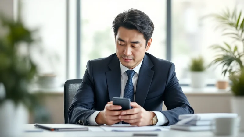 デスクでスマートフォンの画面を落ち着いた表情で確認する40代の日本人男性管理職。休職中の部下への連絡事項を確認しているシーン