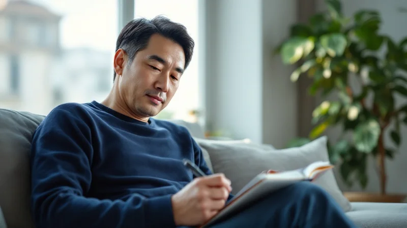 リビングのソファでノートに退職・転職について考えを書き留める40代日本人男性。観葉植物のある明るい室内