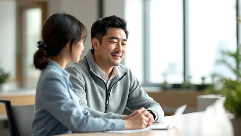 窓口で担当者から制度の説明を受け穏やかな表情を見せる40代日本人男性。明るい室内