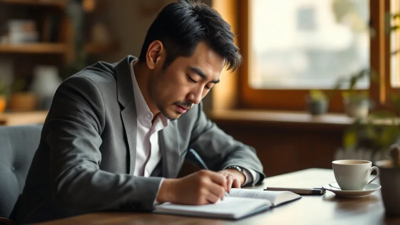 ノートに自分のストレスパターンを書き留めている40代日本人男性。落ち着いた室内、暖かい照明