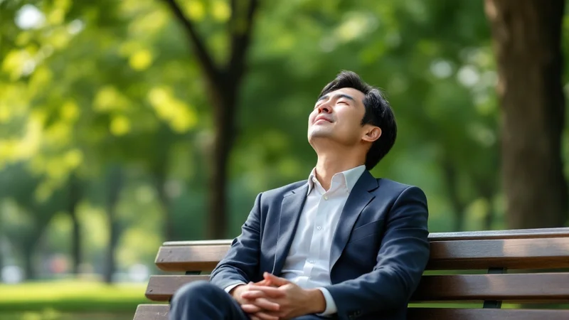 公園のベンチで休憩しながら深呼吸している40代日本人男性。緑の木々、穏やかな昼間の光