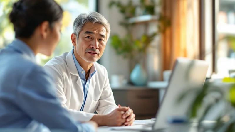 医師と落ち着いた表情で話す40代日本人男性患者。クリニックの診察室、明るい自然光