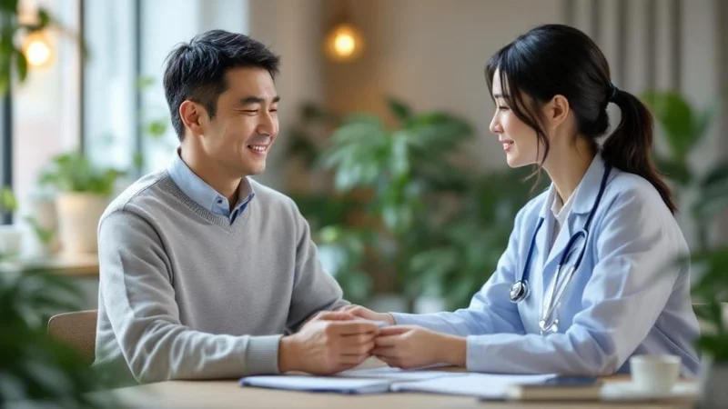 短髪の40代日本人男性が心療内科で女性医師と穏やかに相談している診察シーン