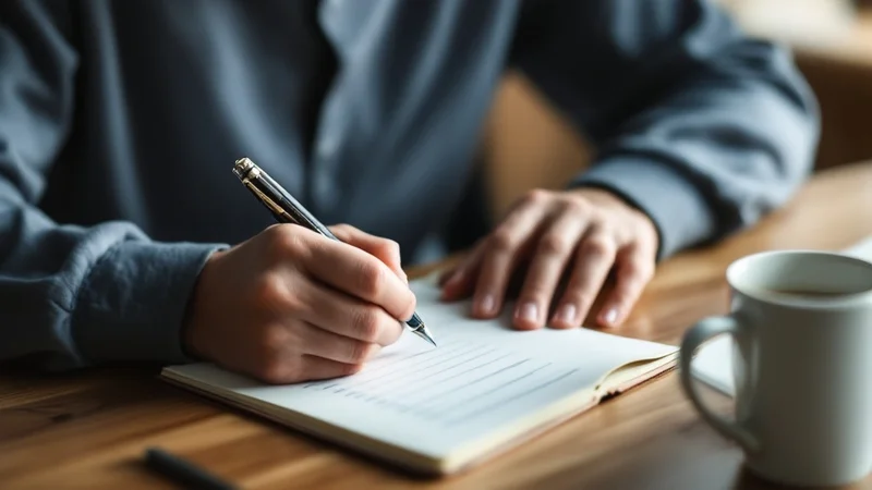 ノートに自分の症状を書き出してチェックリストと照らし合わせる40代男性の手元。落ち着いた室内で自分の状態を整理しているシーン
