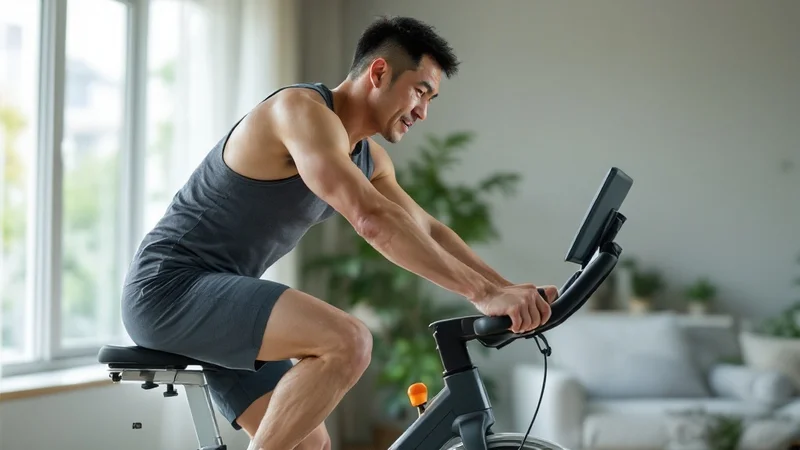 リビングで前傾姿勢でエアロバイクを漕ぐ40代の日本人男性の全身