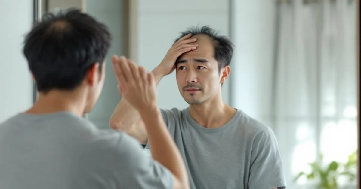 洗面台の鏡を見ながら頭頂部の薄毛を気にしている40代男性