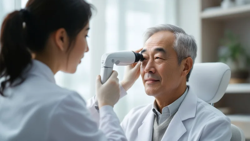 明るい皮膚科の診察室でダーモスコープを使って頭皮を検査する女性医師と患者の40代日本人男性