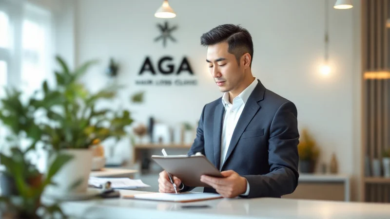 AGA専門クリニックの受付カウンターで問診票を記入する40代日本人男性