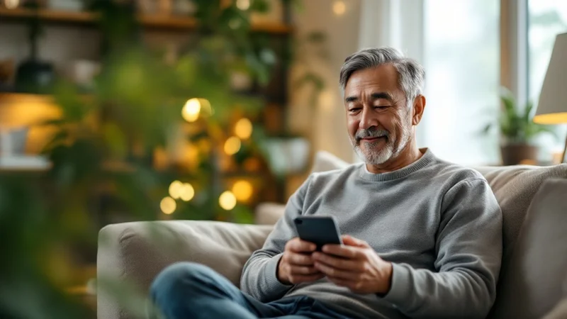 自宅のソファでスマートフォンを使いオンライン診療を受ける40〜50代の日本人男性