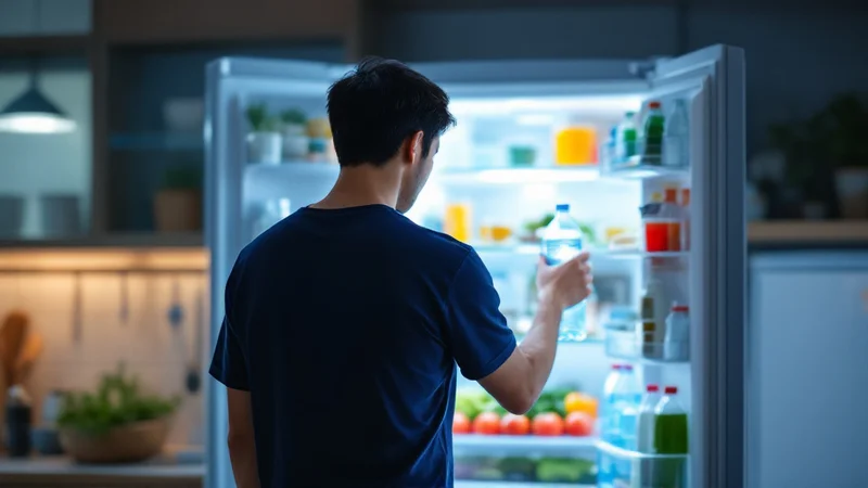 明るいキッチンで冷蔵庫を開け、水のペットボトルを取り出している男性の後ろ姿