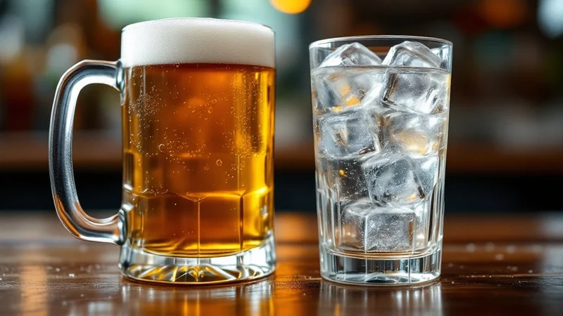居酒屋のカウンターでビールジョッキと焼酎のハイボールが並んでいる様子