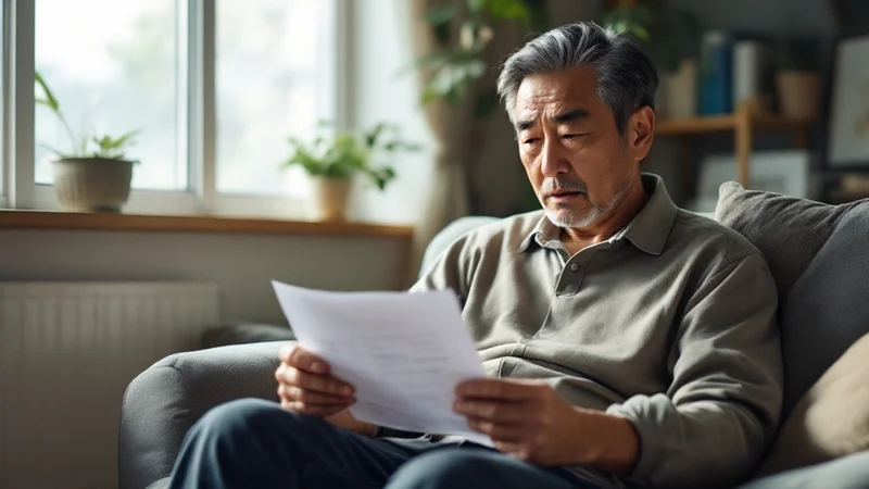 自宅のリビングで健康診断の結果表を見て眉をひそめる40代の日本人男性
