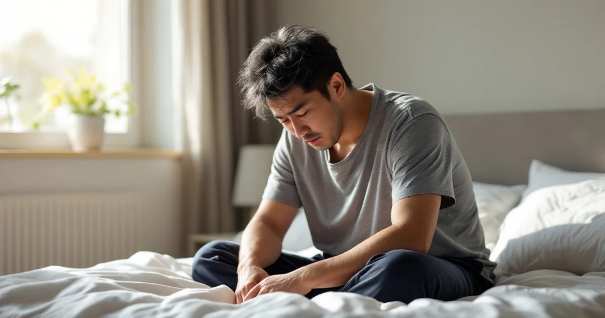 明け方の寝室で、ベッドに腰かけてうつむき、つらそうな表情を見せる40代後半の男性