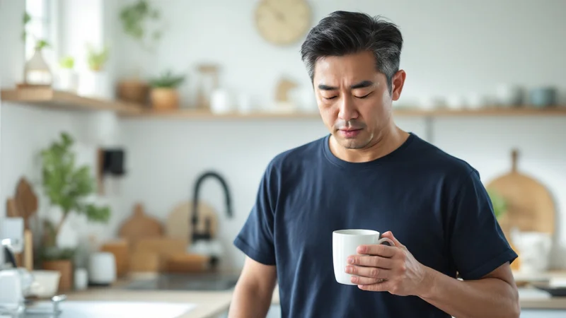 明るいキッチンでマグカップを片手に持ち、緊張した面持ちで手元を見つめる40代後半の男性