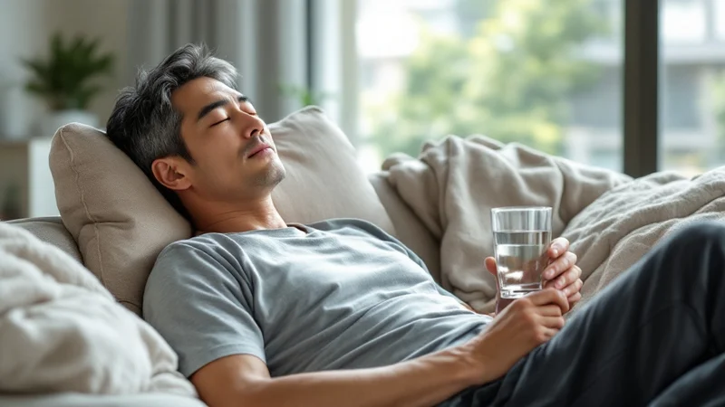 昼間のリビングのソファで、水の入ったグラスを手に目を閉じて休む40代後半の男性