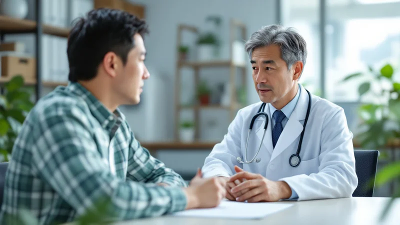 診察室で机をはさんで医師の説明を聞く男性。医師が落ち着いた様子で話している