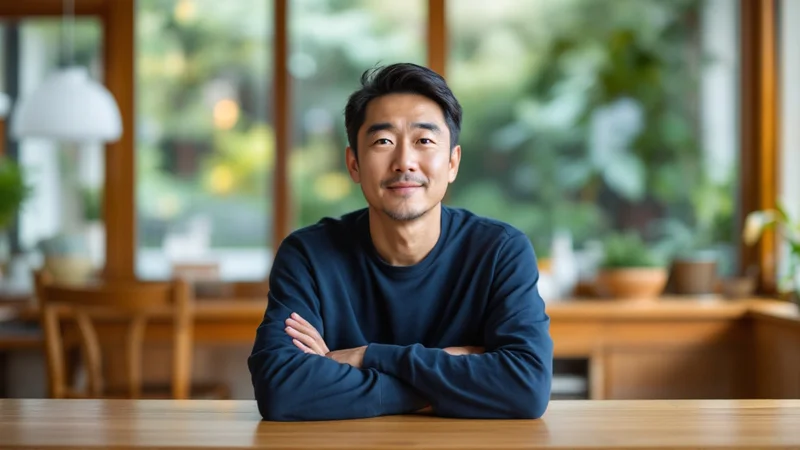 自宅のダイニングテーブルで腕を組み、落ち着いた表情で正面を見る40代後半の日本人男性