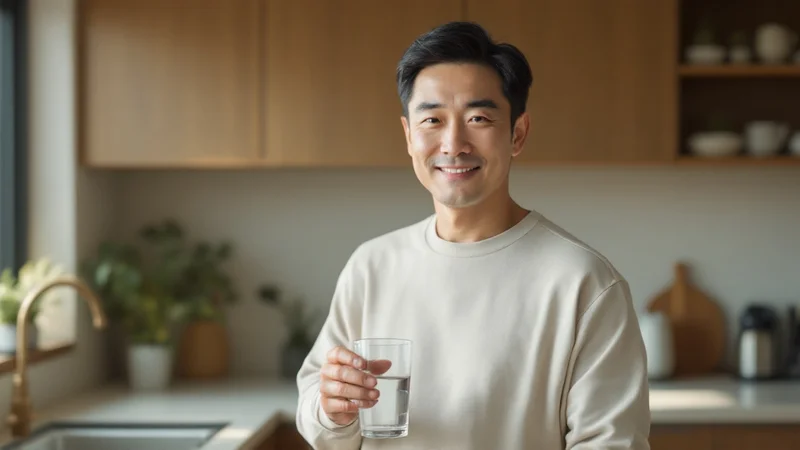 キッチンでグラスの水を片手に持ち、朝の水分補給をする40代後半の日本人男性