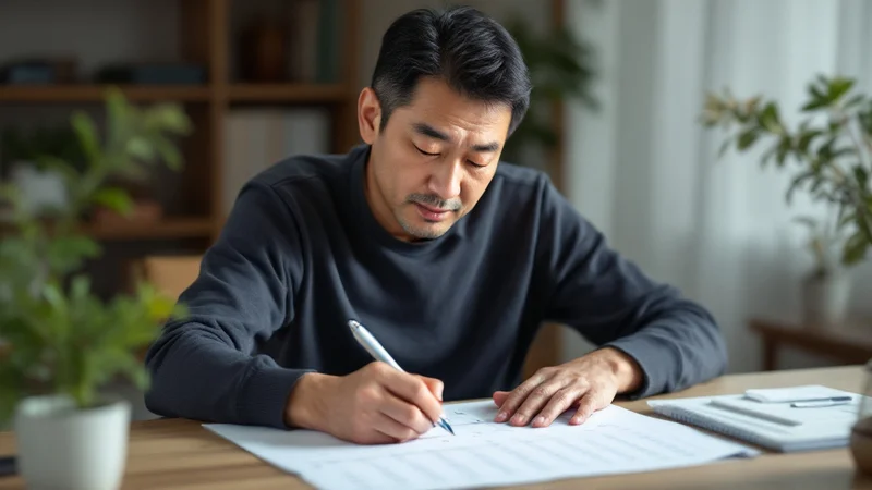 テーブルでカレンダーを見ながら受診の予定を書き込む40代後半の日本人男性