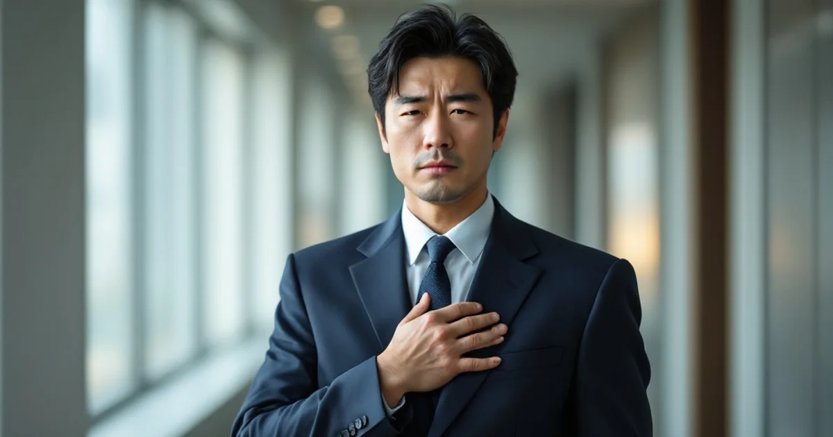オフィスの廊下で胸の中心に手を当て、違和感を感じている40代日本人男性ビジネスマン