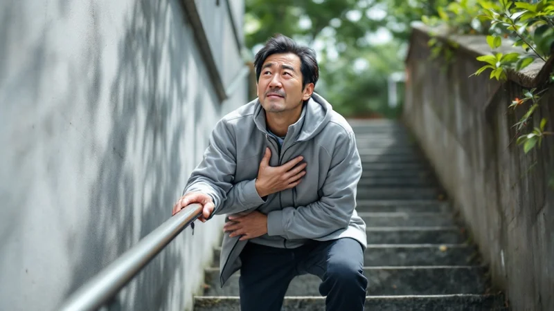 屋外の階段を上る途中で立ち止まり、胸に手を当てて軽い苦しさを感じている40代日本人男性