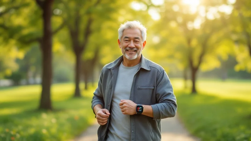 早朝の公園を穏やかにウォーキングしている40代の日本人男性。規則正しい有酸素運動で心臓の健康を保つライフスタイルのイメージ