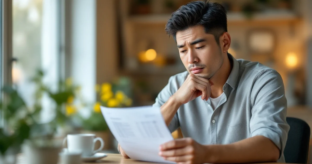健康診断の結果を手に、血管の健康について考える40代日本人男性