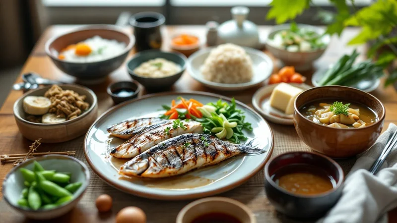 焼き魚・ごはん・味噌汁・納豆・枝豆など血管によい栄養がそろった和食の食卓
