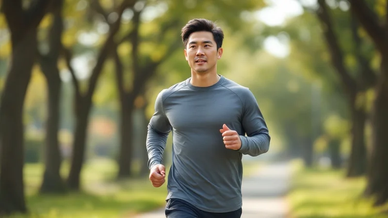 公園で速歩きのウォーキングをする運動着姿の40代日本人男性