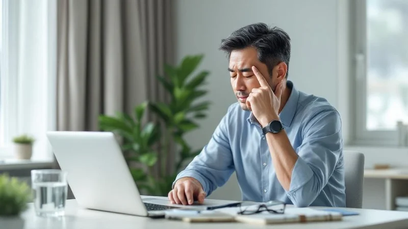 水色のシャツを着た40代後半の日本人男性が、明るい在宅ワーク用デスクのノートパソコンの前で、目を閉じて指で眉間を押さえながら一息ついている様子。デスクには水のグラス、ノート、たたまれた老眼鏡が置かれている