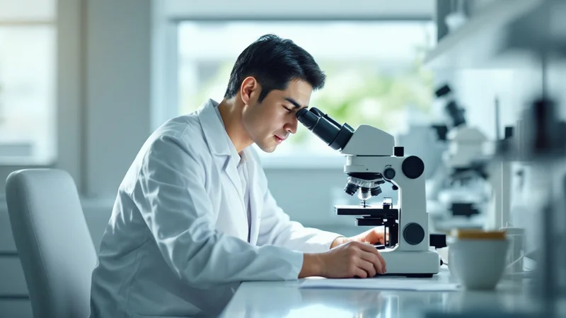 皮膚科の診察室で、医師が顕微鏡をのぞいて採取した皮膚を調べている場面