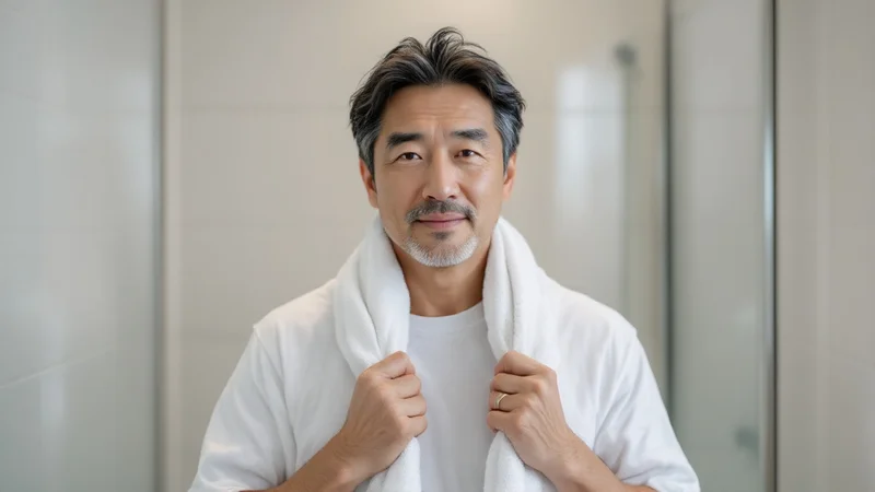 入浴後、明るい洗面所で首にタオルをかけて立っている50代の男性