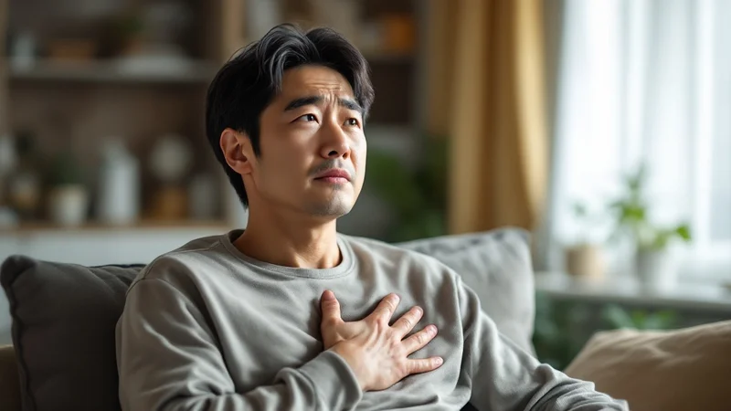 40代男性が胸に手を当てて体調を気にしている様子