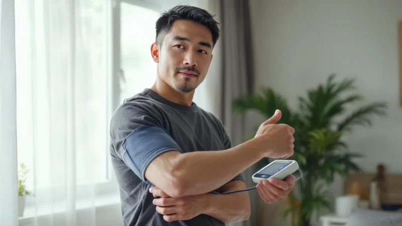 40代男性が朝の習慣として血圧計で家庭血圧を測定している様子