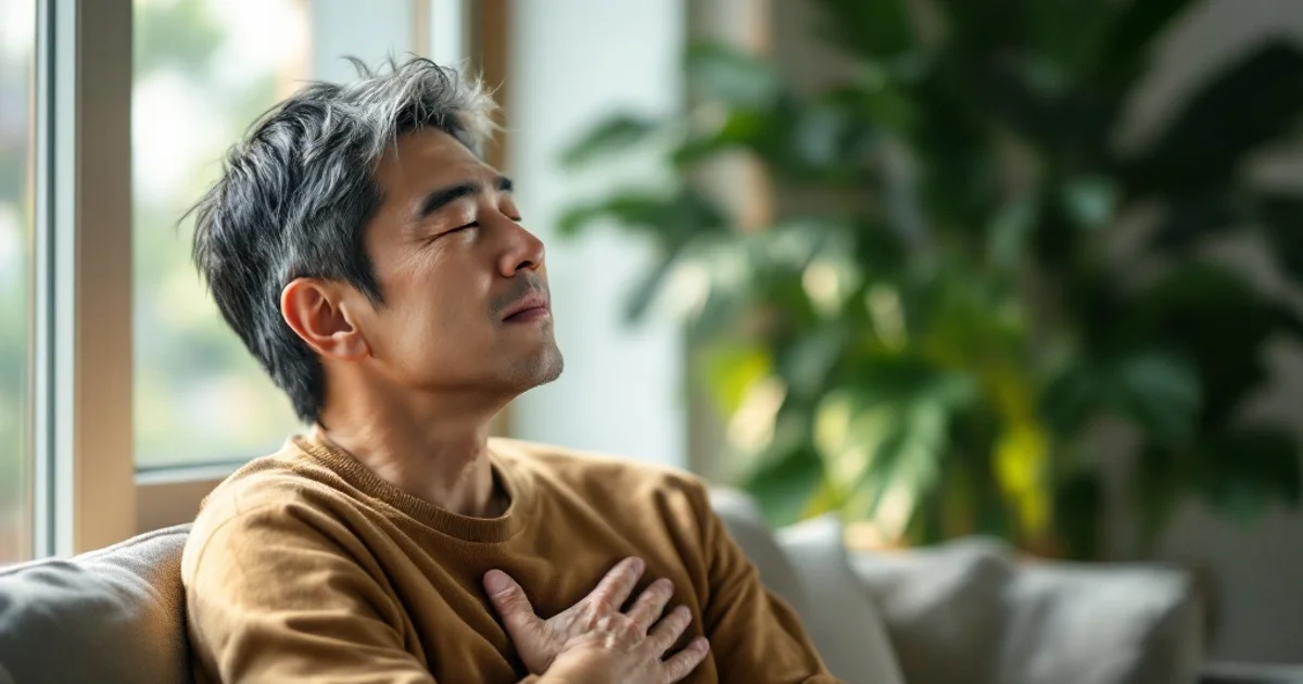 明るいリビングの窓辺で胸に手を当て、ゆっくり深呼吸してリラックスする40〜50代の日本人男性