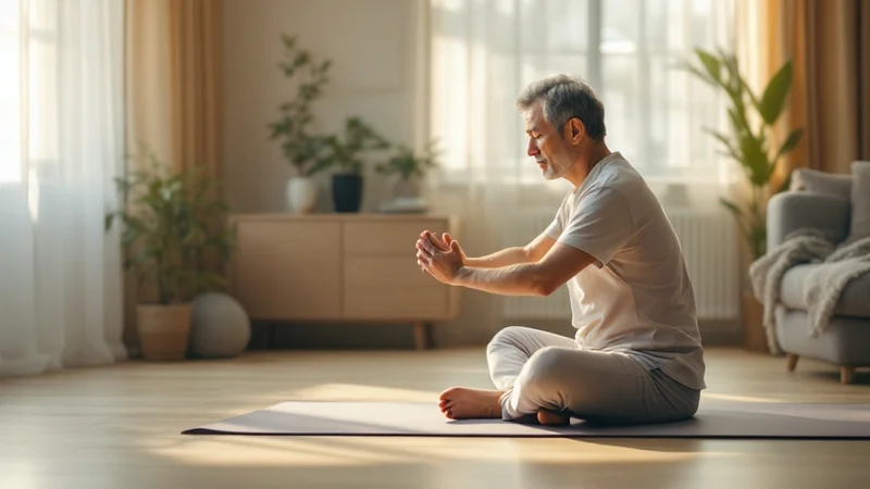 明るい部屋でヨガマットに座り、深呼吸とストレッチをする40〜50代の日本人男性
