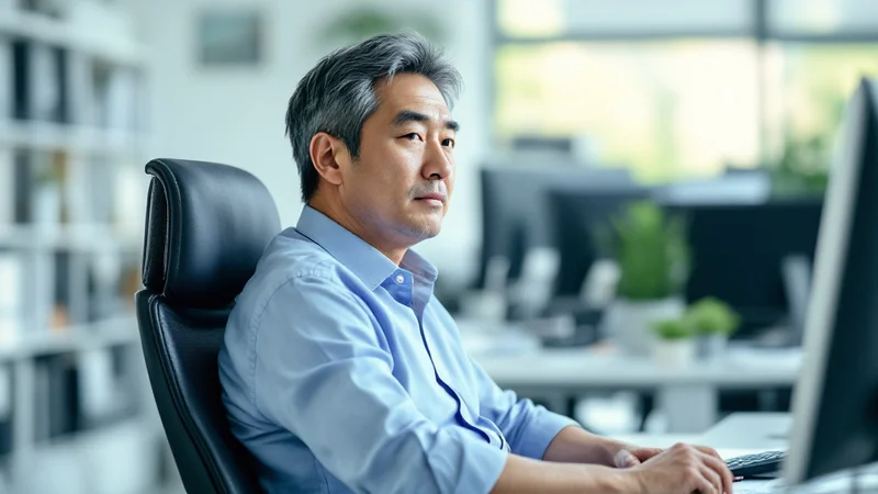明るいオフィスのデスクで、椅子の背もたれから背中を離して背筋を伸ばす40代後半の日本人男性
