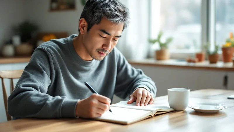 朝の明るいキッチンのテーブルで、白紙のノートにペンで書き込む40代後半の日本人男性