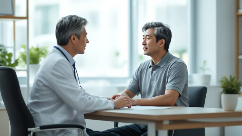 診察室の机越しに、白衣の医師と向かい合って話す40代後半の日本人男性