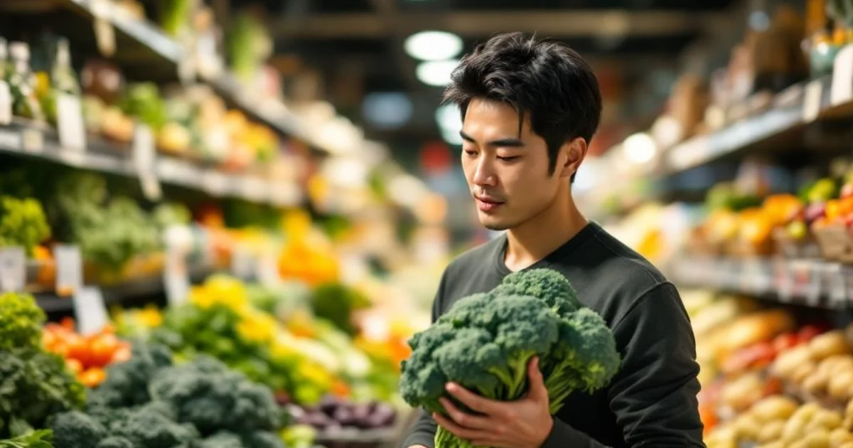 40代日本人男性がスーパーの野菜売り場で食材を手に取り確認している様子