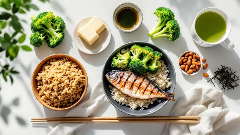 血糖値を下げる食べ物のフラットレイ。玄米、青魚の切り身、ブロッコリー、わかめ、豆腐、ナッツ類、緑茶が白いテーブルに並んでいる